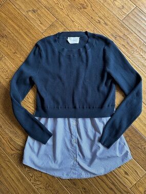 Six fifty Layered Navy Knit Sweater with Blue Stripe Shirt one piece small